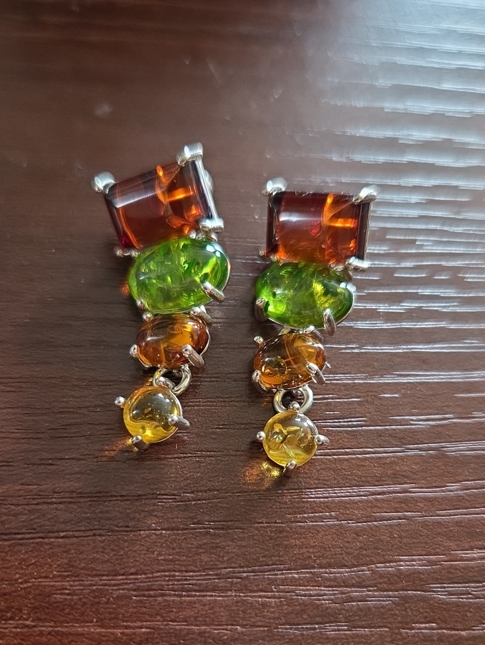 Amber Multicolour Drop Earrings - Green, Yellow, Orange, Brown Stones Silver 925